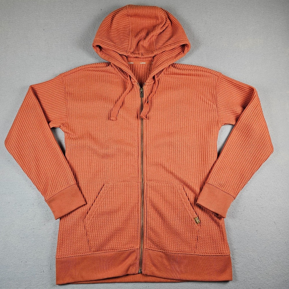 LL Bean Waffle Knit Hoodie Womens Small Orange Full Zip Thermal Pockets 517785